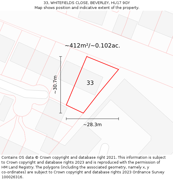 33, WHITEFIELDS CLOSE, BEVERLEY, HU17 9GY: Plot and title map