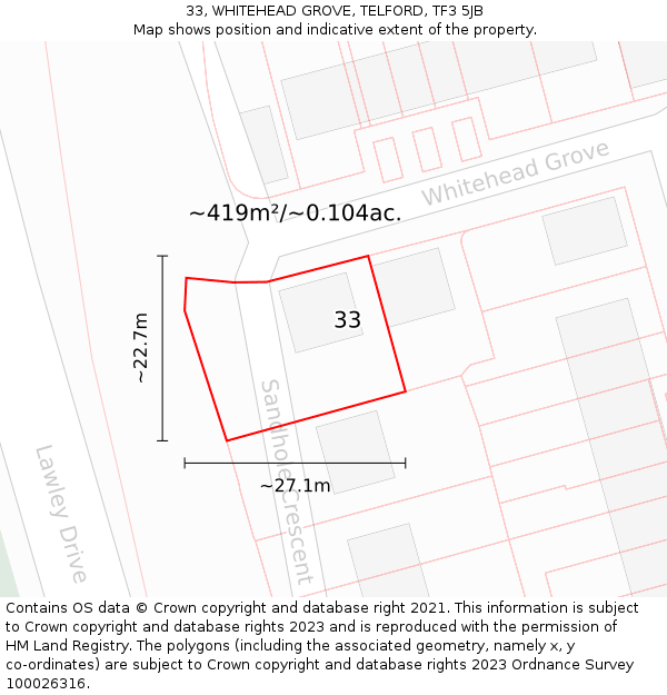 33, WHITEHEAD GROVE, TELFORD, TF3 5JB: Plot and title map