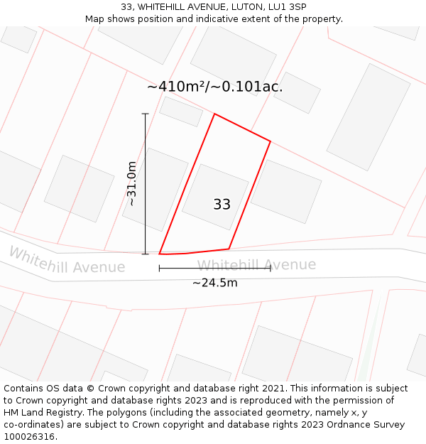 33, WHITEHILL AVENUE, LUTON, LU1 3SP: Plot and title map