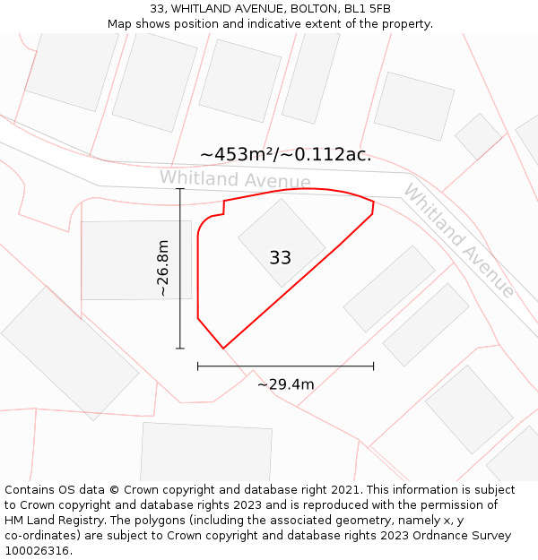 33, WHITLAND AVENUE, BOLTON, BL1 5FB: Plot and title map