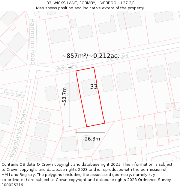 33, WICKS LANE, FORMBY, LIVERPOOL, L37 3JF: Plot and title map