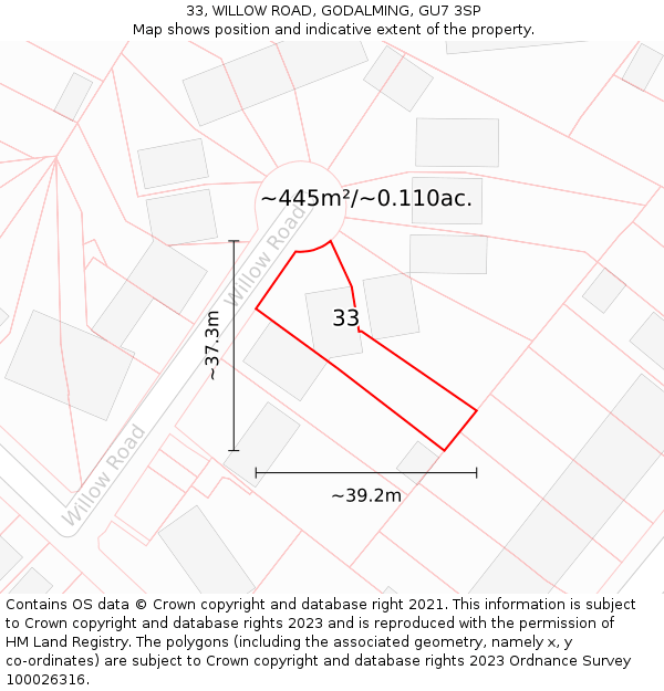 33, WILLOW ROAD, GODALMING, GU7 3SP: Plot and title map