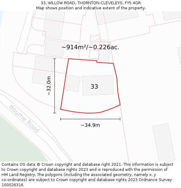 33, WILLOW ROAD, THORNTON-CLEVELEYS, FY5 4GR: Plot and title map