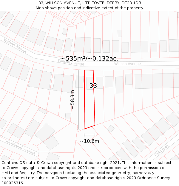 33, WILLSON AVENUE, LITTLEOVER, DERBY, DE23 1DB: Plot and title map