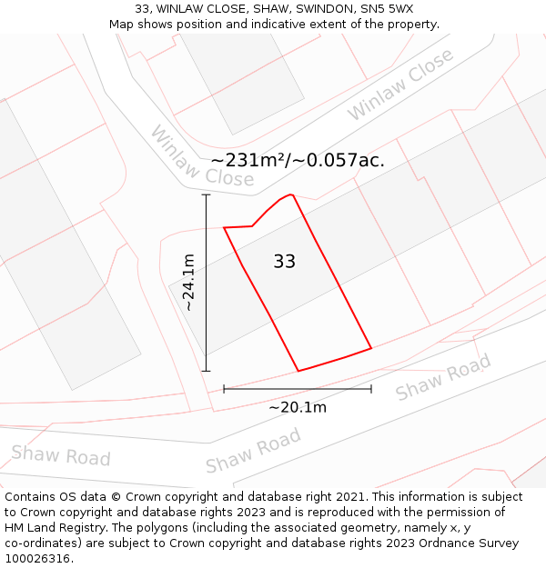 33, WINLAW CLOSE, SHAW, SWINDON, SN5 5WX: Plot and title map