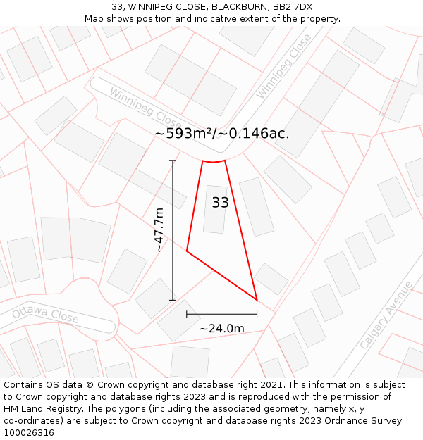 33, WINNIPEG CLOSE, BLACKBURN, BB2 7DX: Plot and title map