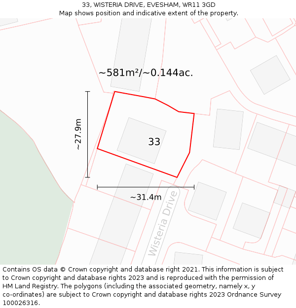 33, WISTERIA DRIVE, EVESHAM, WR11 3GD: Plot and title map