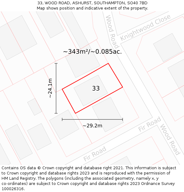 33, WOOD ROAD, ASHURST, SOUTHAMPTON, SO40 7BD: Plot and title map