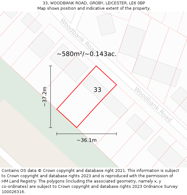 33, WOODBANK ROAD, GROBY, LEICESTER, LE6 0BP: Plot and title map