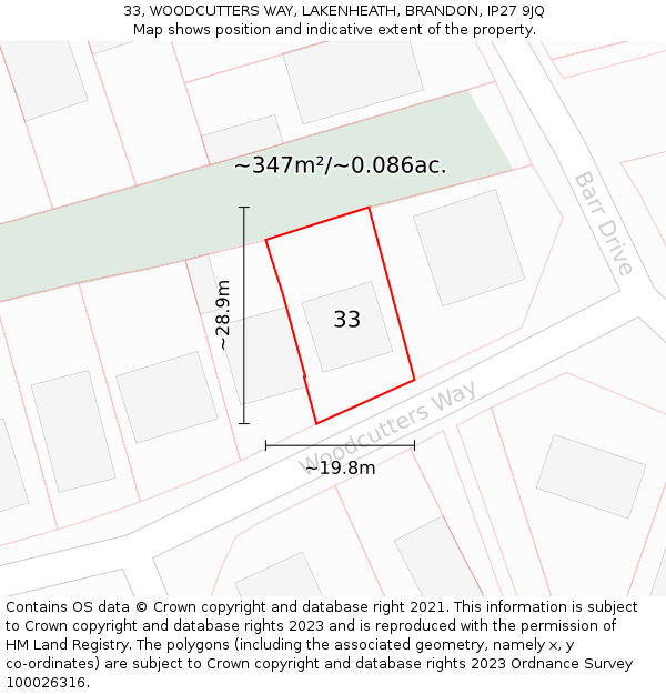 33, WOODCUTTERS WAY, LAKENHEATH, BRANDON, IP27 9JQ: Plot and title map