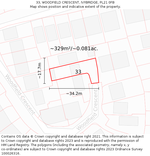 33, WOODFIELD CRESCENT, IVYBRIDGE, PL21 0FB: Plot and title map
