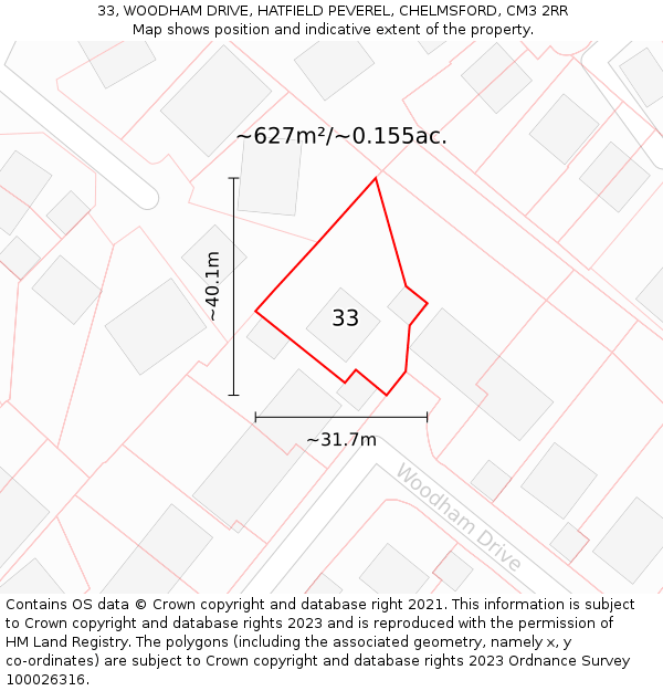 33, WOODHAM DRIVE, HATFIELD PEVEREL, CHELMSFORD, CM3 2RR: Plot and title map