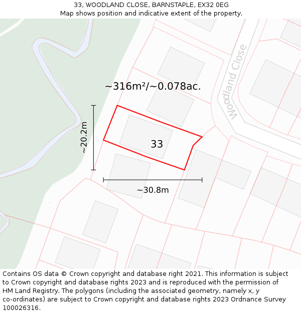 33, WOODLAND CLOSE, BARNSTAPLE, EX32 0EG: Plot and title map