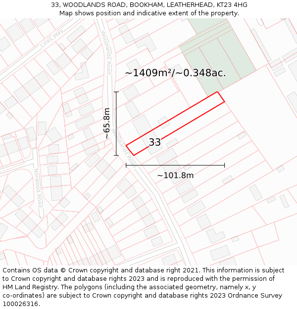 33, WOODLANDS ROAD, BOOKHAM, LEATHERHEAD, KT23 4HG: Plot and title map