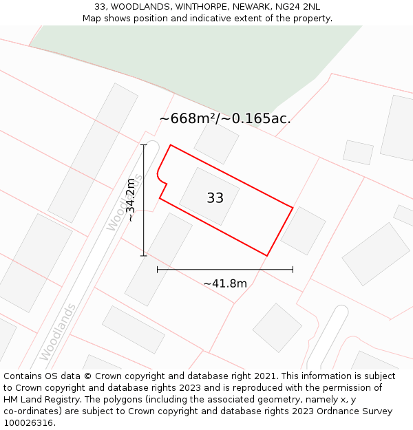 33, WOODLANDS, WINTHORPE, NEWARK, NG24 2NL: Plot and title map