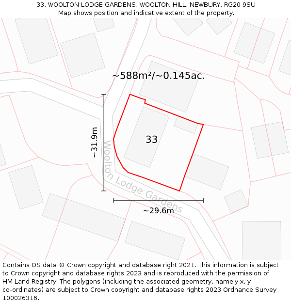 33, WOOLTON LODGE GARDENS, WOOLTON HILL, NEWBURY, RG20 9SU: Plot and title map