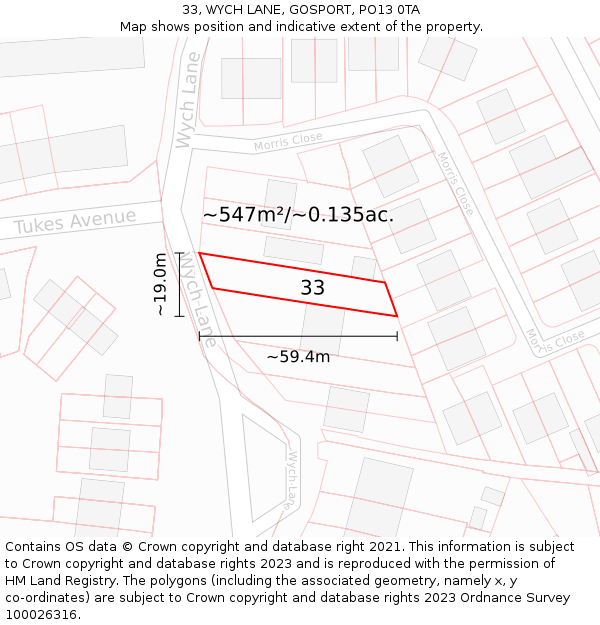 33, WYCH LANE, GOSPORT, PO13 0TA: Plot and title map