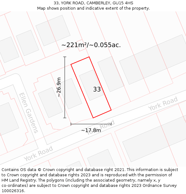 33, YORK ROAD, CAMBERLEY, GU15 4HS: Plot and title map