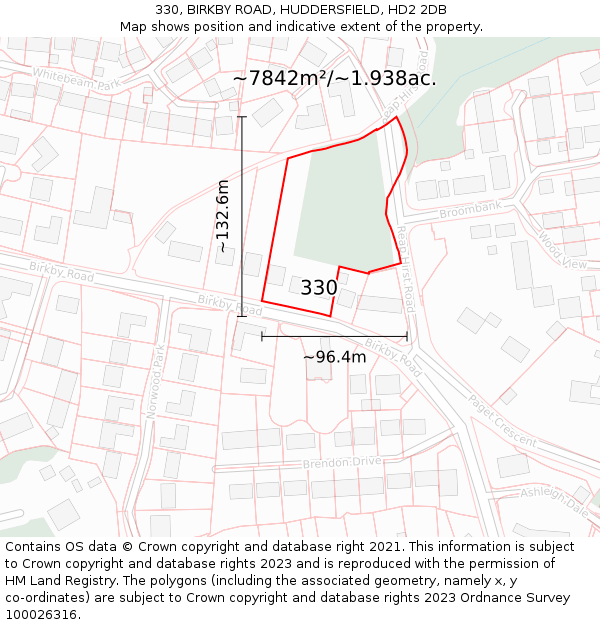 330, BIRKBY ROAD, HUDDERSFIELD, HD2 2DB: Plot and title map