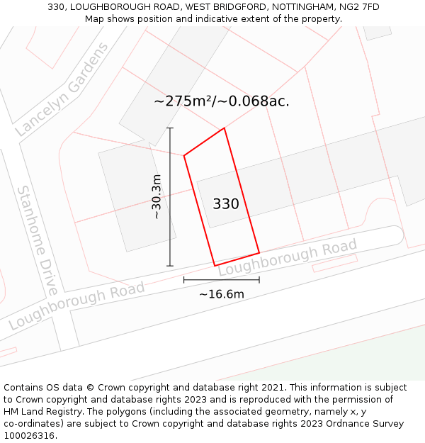 330, LOUGHBOROUGH ROAD, WEST BRIDGFORD, NOTTINGHAM, NG2 7FD: Plot and title map