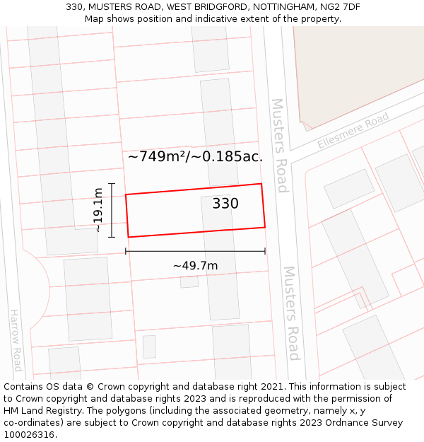 330, MUSTERS ROAD, WEST BRIDGFORD, NOTTINGHAM, NG2 7DF: Plot and title map