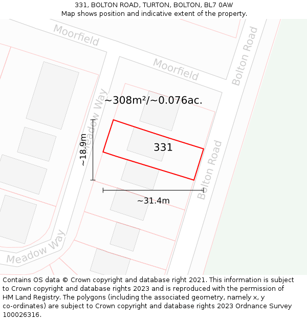 331, BOLTON ROAD, TURTON, BOLTON, BL7 0AW: Plot and title map