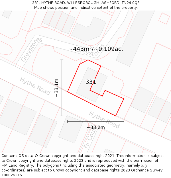 331, HYTHE ROAD, WILLESBOROUGH, ASHFORD, TN24 0QF: Plot and title map