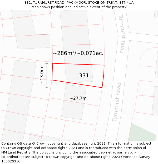 331, TURNHURST ROAD, PACKMOOR, STOKE-ON-TRENT, ST7 4UA: Plot and title map