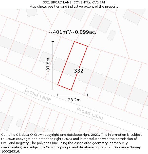 332, BROAD LANE, COVENTRY, CV5 7AT: Plot and title map