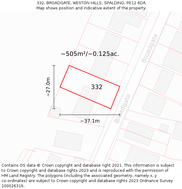 332, BROADGATE, WESTON HILLS, SPALDING, PE12 6DA: Plot and title map