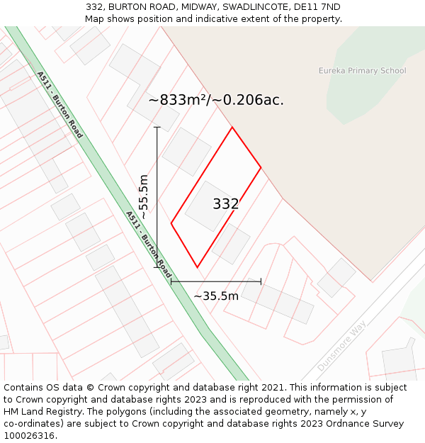 332, BURTON ROAD, MIDWAY, SWADLINCOTE, DE11 7ND: Plot and title map