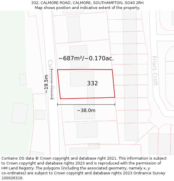 332, CALMORE ROAD, CALMORE, SOUTHAMPTON, SO40 2RH: Plot and title map