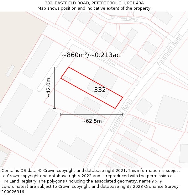 332, EASTFIELD ROAD, PETERBOROUGH, PE1 4RA: Plot and title map