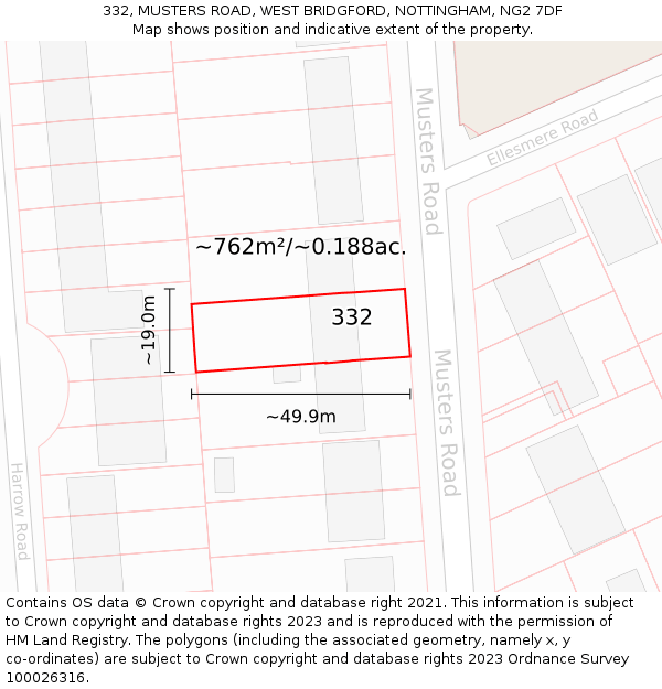 332, MUSTERS ROAD, WEST BRIDGFORD, NOTTINGHAM, NG2 7DF: Plot and title map