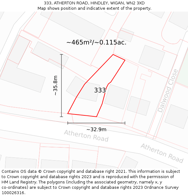 333, ATHERTON ROAD, HINDLEY, WIGAN, WN2 3XD: Plot and title map