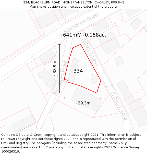 334, BLACKBURN ROAD, HIGHER WHEELTON, CHORLEY, PR6 8HS: Plot and title map