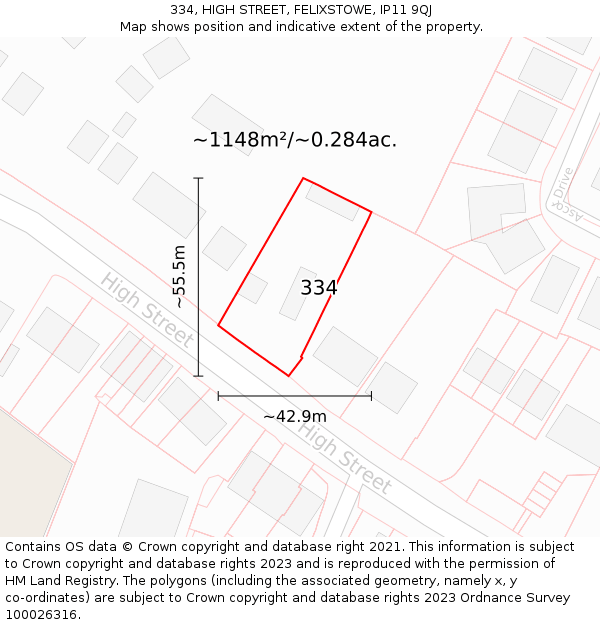 334, HIGH STREET, FELIXSTOWE, IP11 9QJ: Plot and title map