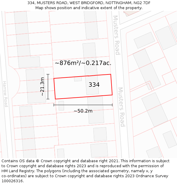 334, MUSTERS ROAD, WEST BRIDGFORD, NOTTINGHAM, NG2 7DF: Plot and title map