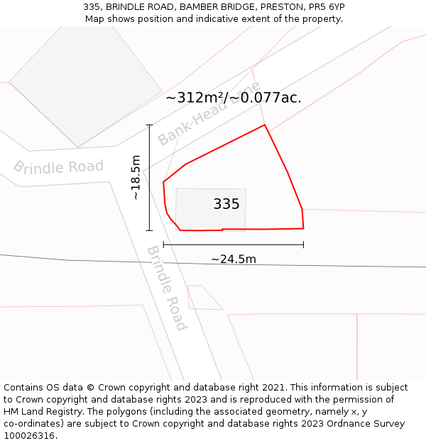 335, BRINDLE ROAD, BAMBER BRIDGE, PRESTON, PR5 6YP: Plot and title map