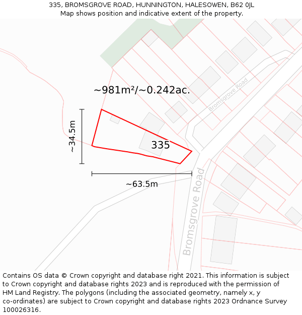 335, BROMSGROVE ROAD, HUNNINGTON, HALESOWEN, B62 0JL: Plot and title map