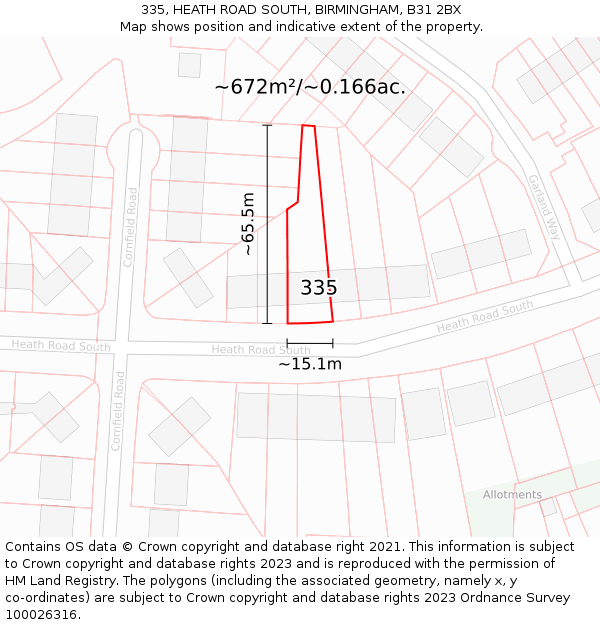 335, HEATH ROAD SOUTH, BIRMINGHAM, B31 2BX: Plot and title map