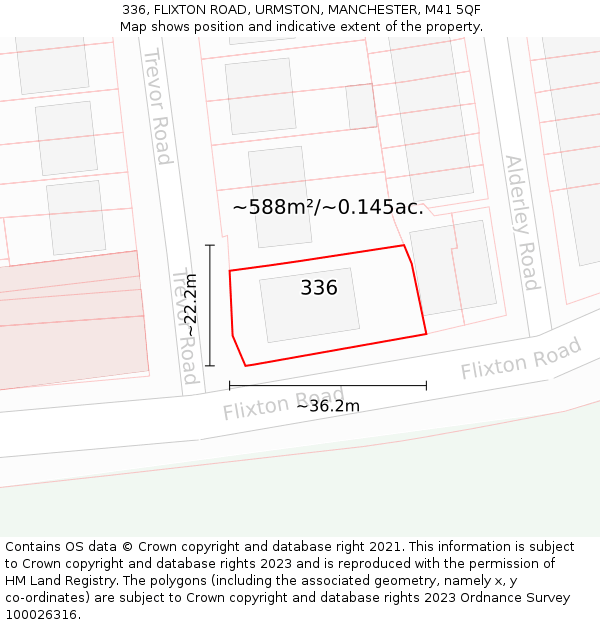 336, FLIXTON ROAD, URMSTON, MANCHESTER, M41 5QF: Plot and title map