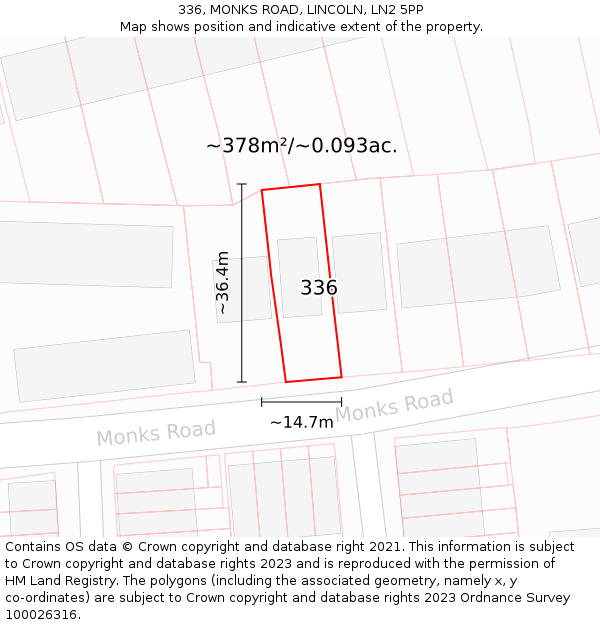 336, MONKS ROAD, LINCOLN, LN2 5PP: Plot and title map