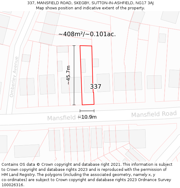 337, MANSFIELD ROAD, SKEGBY, SUTTON-IN-ASHFIELD, NG17 3AJ: Plot and title map