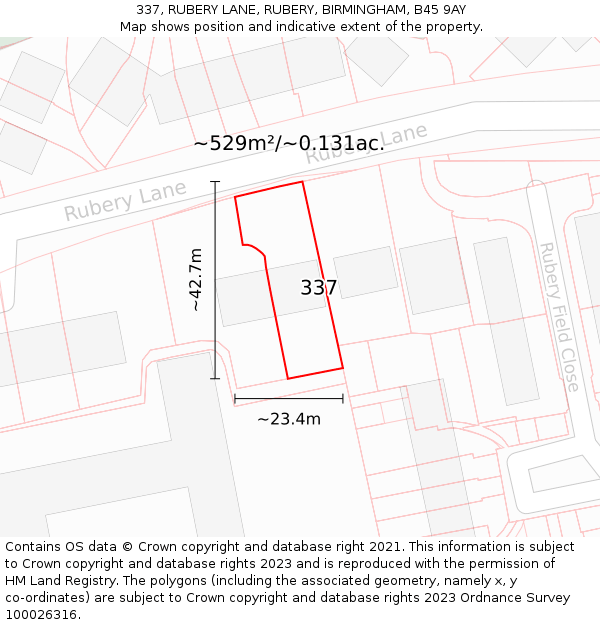 337, RUBERY LANE, RUBERY, BIRMINGHAM, B45 9AY: Plot and title map