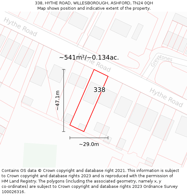 338, HYTHE ROAD, WILLESBOROUGH, ASHFORD, TN24 0QH: Plot and title map