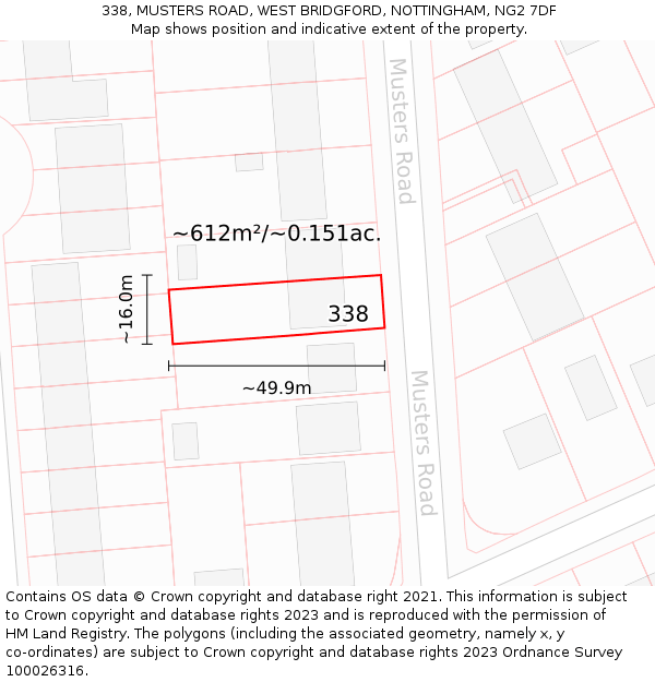 338, MUSTERS ROAD, WEST BRIDGFORD, NOTTINGHAM, NG2 7DF: Plot and title map