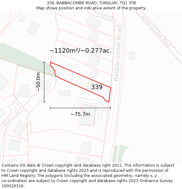 339, BABBACOMBE ROAD, TORQUAY, TQ1 3TB: Plot and title map