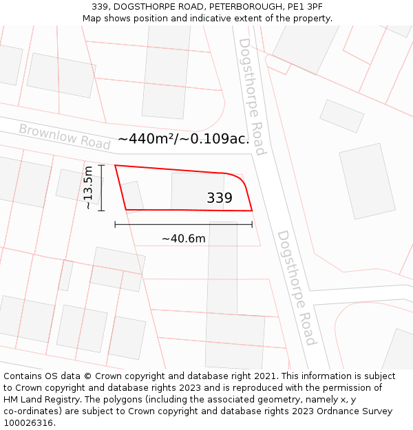 339, DOGSTHORPE ROAD, PETERBOROUGH, PE1 3PF: Plot and title map