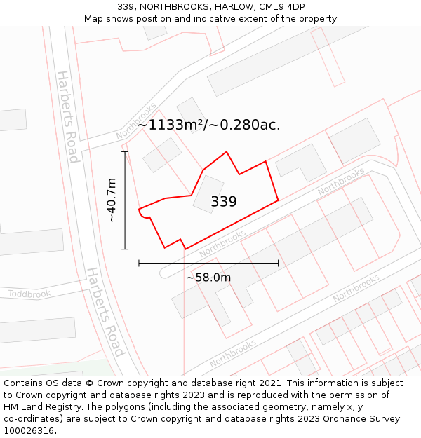 339, NORTHBROOKS, HARLOW, CM19 4DP: Plot and title map